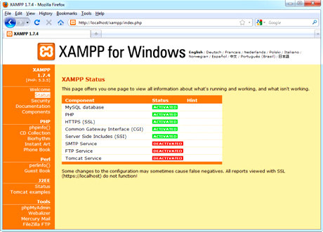 Cтраница XAMPP в браузере